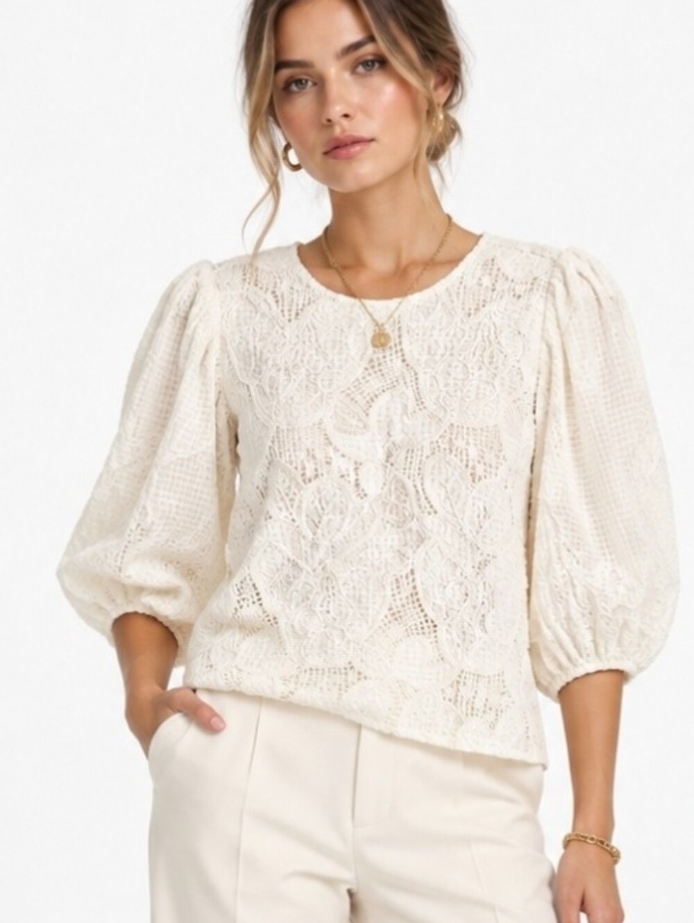 Marie Oliver Blouse Lace Puff Sleeve Top Cream